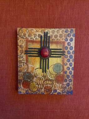 Native American Southwestern Wall Art Metal Gem Stone Painting on Wood 7x6 inch